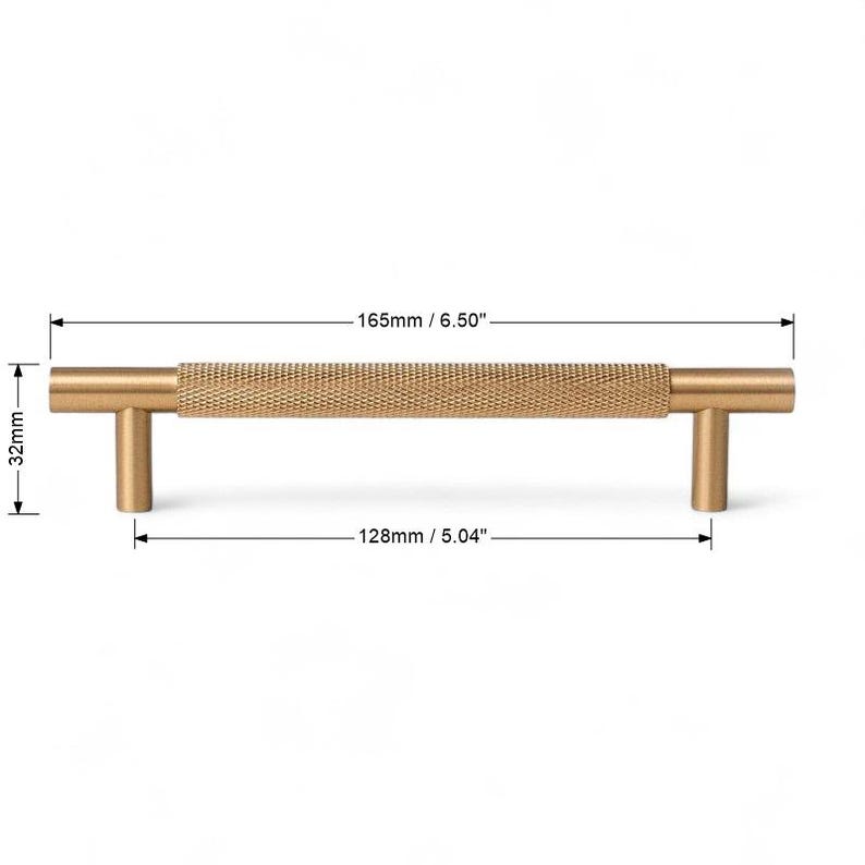 Detailed size diagram for solid brass gold handle – modern furniture drawer pull measurements.