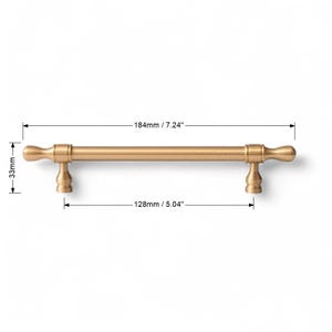 Size chart of brushed gold brass handle – minimalist furniture drawer pull dimensions.