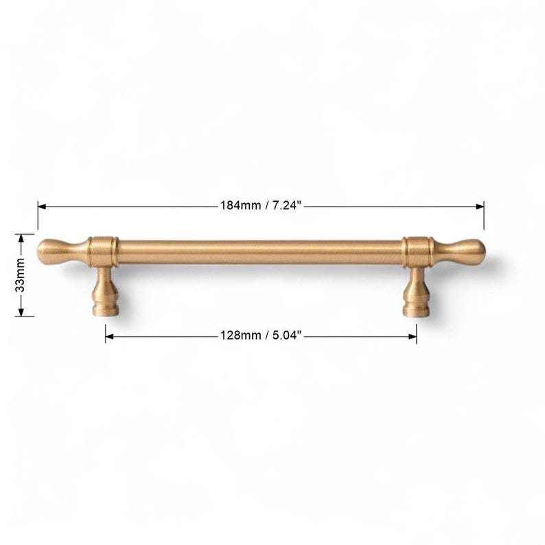 Size chart of brushed gold brass handle – minimalist furniture drawer pull dimensions.