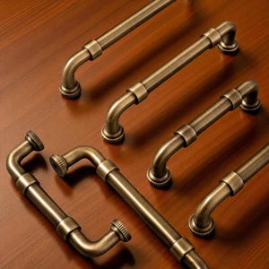 May include: Several antique brass cabinet pulls with a curved design are arranged on a wooden surface. The pulls have a cylindrical bar with curved ends and decorative circular bases. The hardware is a warm, aged brass color.