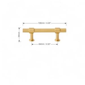 Brushed gold cabinet pull handle with 96mm hole spacing dimensions.