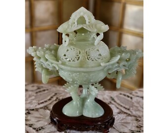 Vintage Chinese Handcarved Jade Incense Burner with Cover Top on Wooden Stand 9" HIGH 9" WIDE