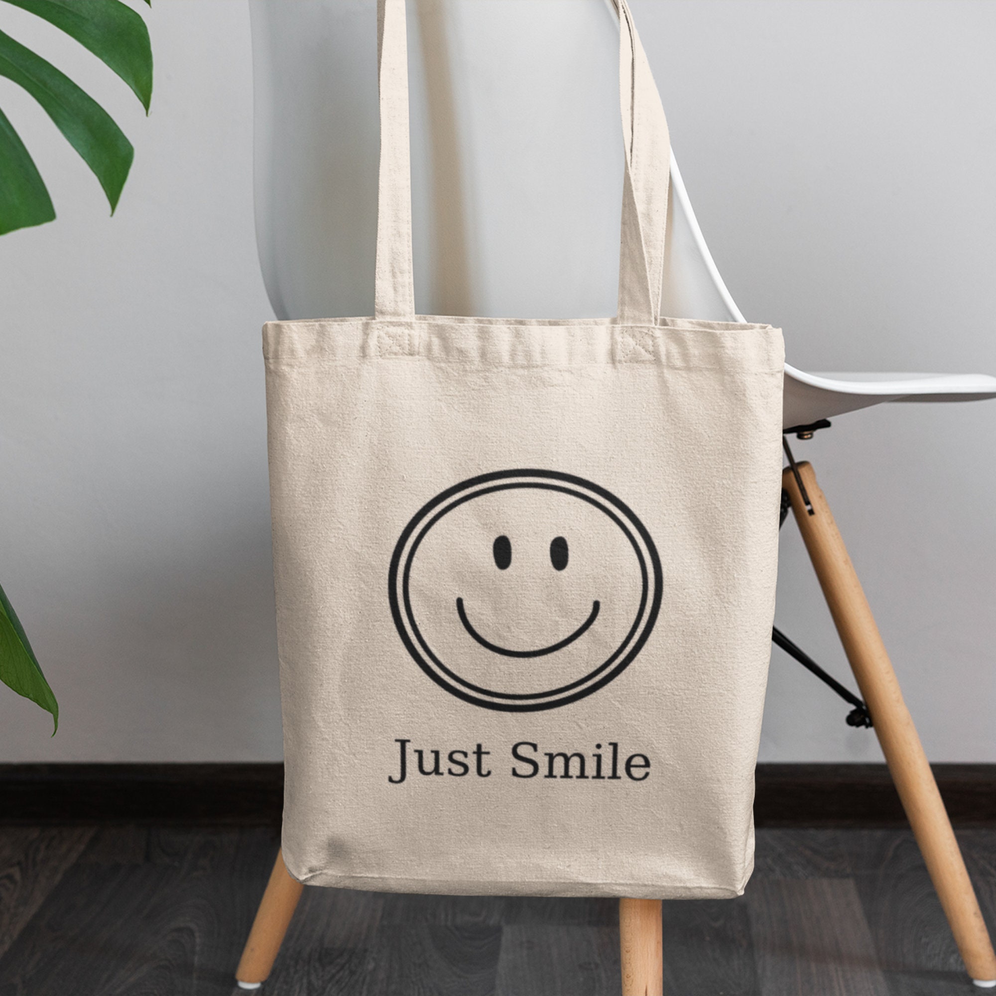 Just Smile Canvas Tote Bag cute Smiley Face Positive Quotes 