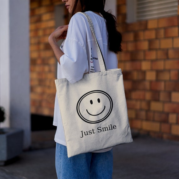 Just Smile Canvas Tote Bag cute Smiley Face Positive Quotes 