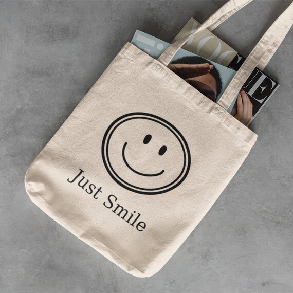 Just Smile Canvas Tote Bag cute Smiley Face Positive Quotes 