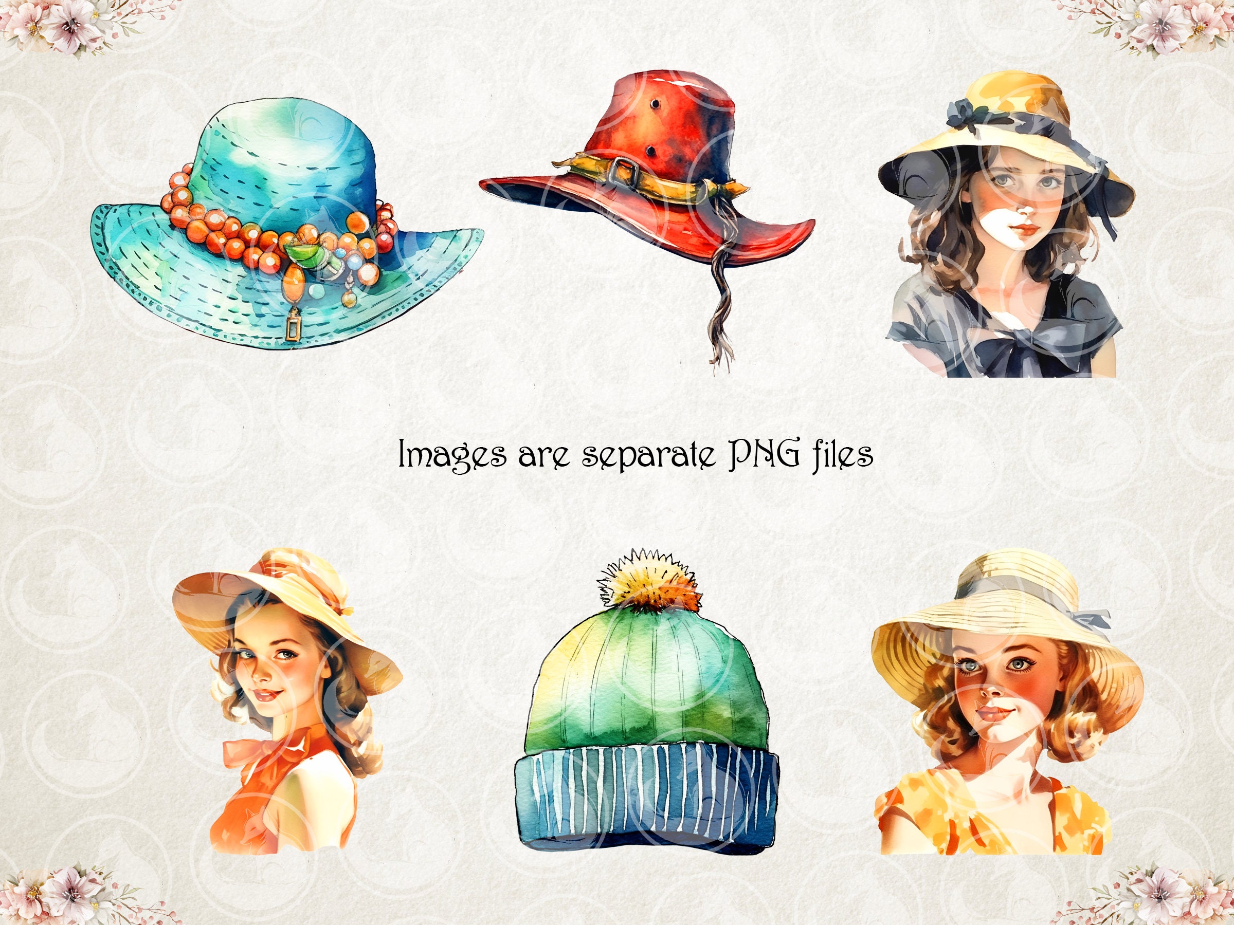 Watercolor Hats Clipart. Hat Styles Fashion PNG Format. Instant