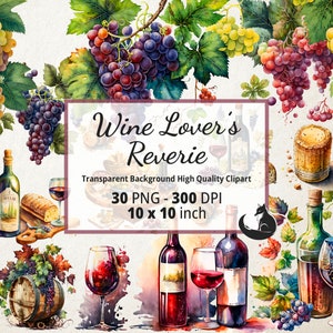 Clipart acquerello bicchiere di vino, vino rosso, vino bianco, uva acquerello, vigneto, chardonnay, uva. Download immediato per uso commerciale.