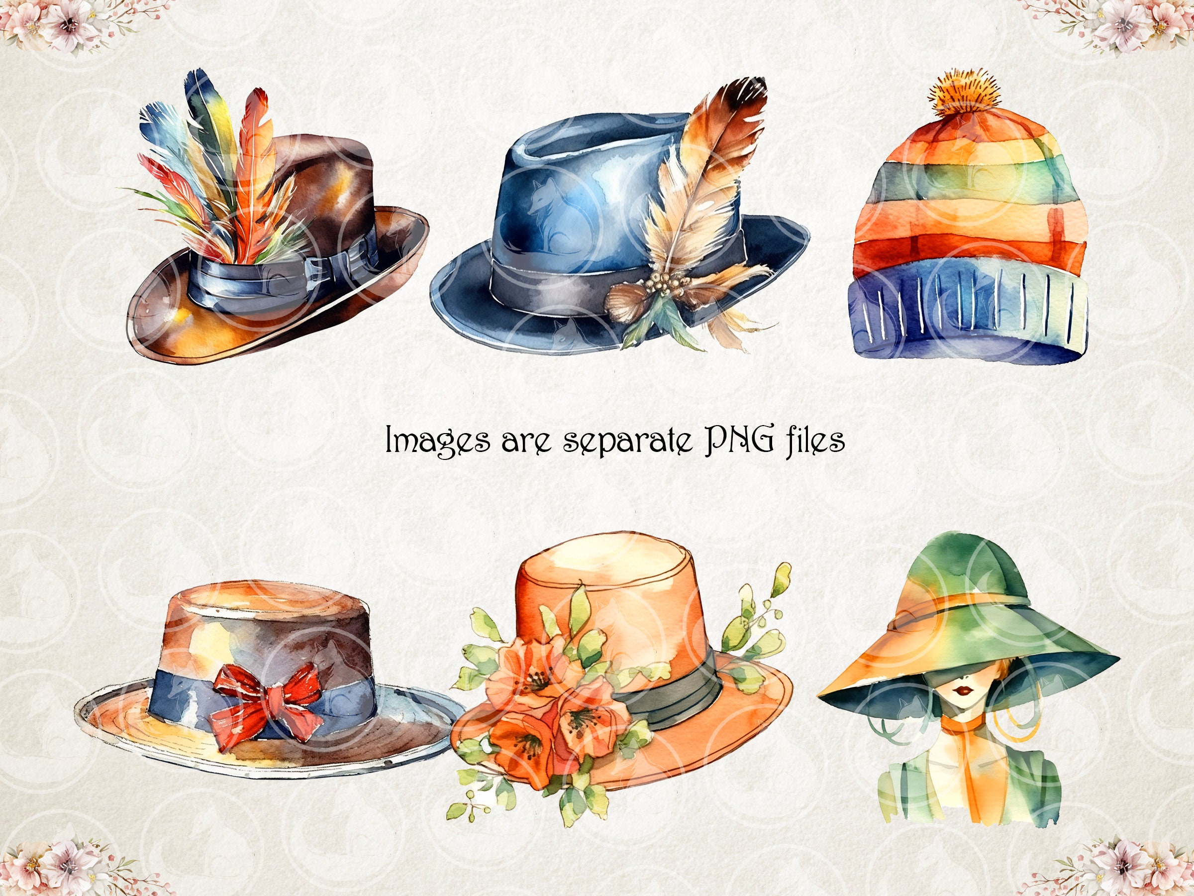 Watercolor Hats Clipart. Hat Styles Fashion PNG Format. Instant