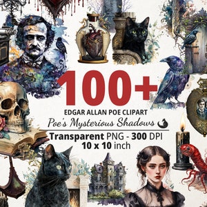 Edgar Allan Poe acuarela Clip Art, Cuervo, Gótico, Decoración espeluznante, Tarjetas espeluznantes, descarga instantánea en formato PNG para uso comercial