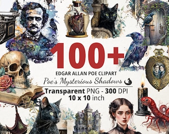 May include: A digital clipart set featuring over 100 images inspired by Edgar Allan Poe's works. The images include a raven, a skull, a black cat, a heart in a bottle, a haunted house, a candle, and a woman in a Victorian dress. The images are in a watercolor style and are perfect for creating spooky and gothic designs.