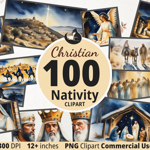 Nativity Scene Watercolor Clipart Bundle, PNG, Christmas Jesus Clipart, Digital Card Making, Scrapbooking, Commercial Use