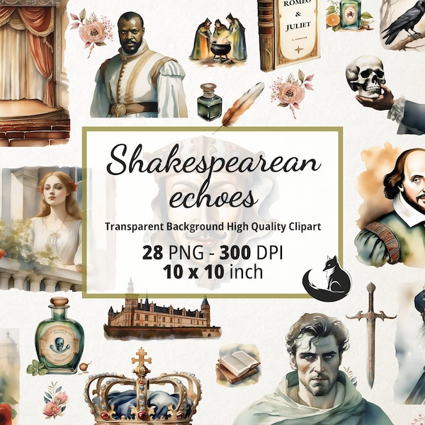 Shakespeare Clipart Watercolor: Timeless Bard-Inspired Illustrations. Romeo, Juliet, Othello, Hamlet, and more.