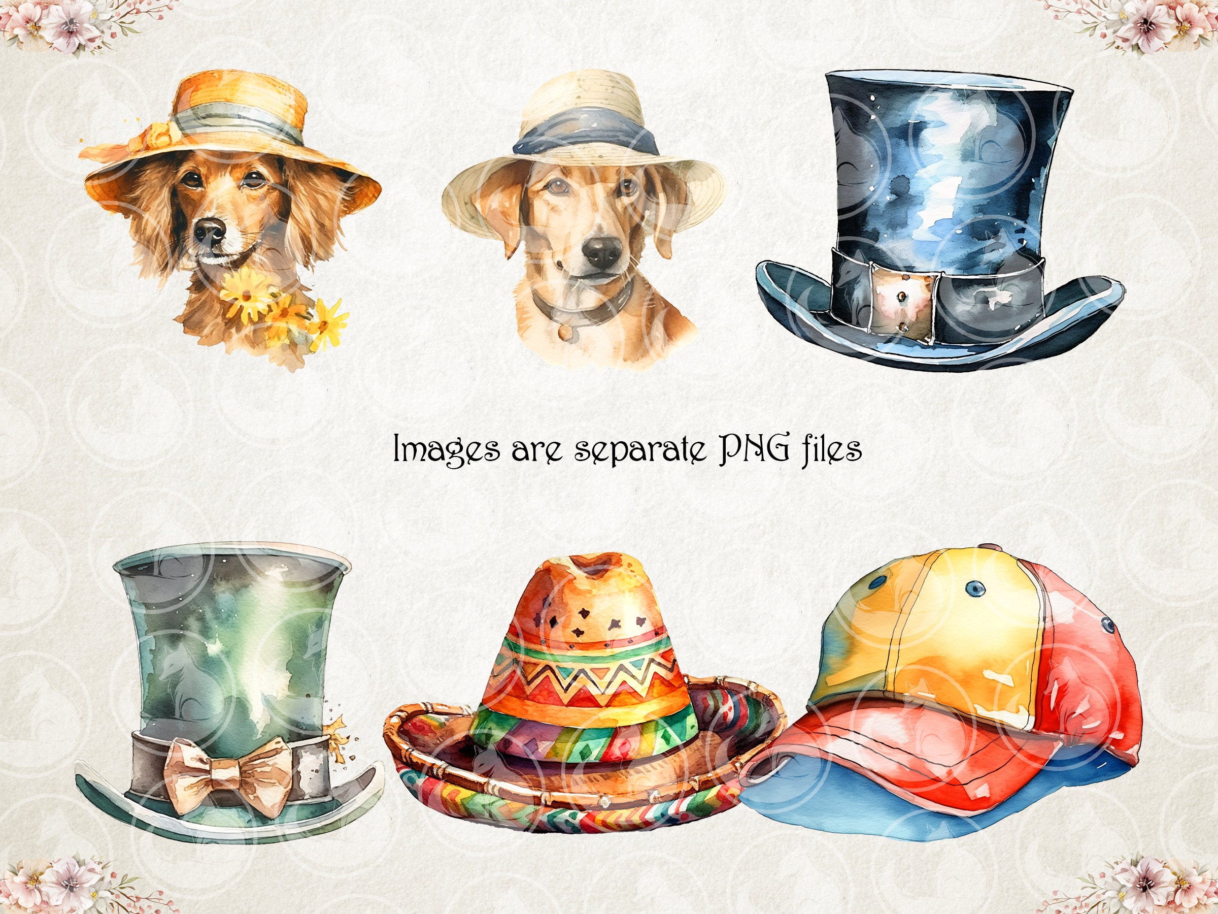 Watercolor Hats Clipart. Hat Styles Fashion PNG Format. Instant
