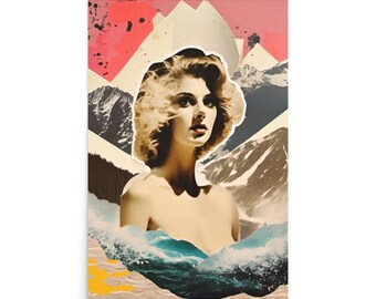 May include: A vintage style collage featuring a woman with blonde hair, a mountain range, and ocean waves. The woman is looking off to the side with a thoughtful expression. The mountains are in the background, and the ocean waves are in the foreground. The colors are muted and earthy.
