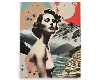 May include: A black and white photo of a woman with her hair styled in a 1950s updo. She is looking up and to the right. The background is a collage of mountains, water, and sand.