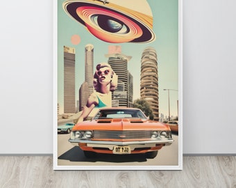 Vintage surreal Collage framed canvas wall art ready to hang.