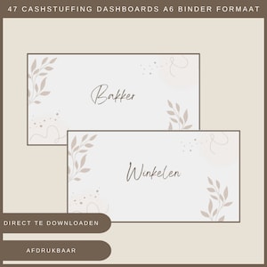 Puede incluir: Dos tableros de control imprimibles en formato A6 para carpeta con un diseño minimalista. El tablero superior dice "Bakker" y el inferior "Winkelen". Ambos tableros presentan un fondo marrón claro con un diseño floral sutil.