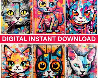 Graffiti Cats Png, Cartoon Cat Art, Colorful Cats, Cat Clipart, Funky Cat Png, Digital Bundle Png, Instant Download