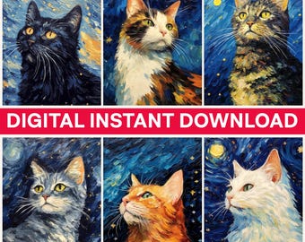 Van Gogh Cats Png, Starry Night Cats Png, Cat Digital Bundle Png, Whimsical Cats, Impressionist Cat Art, Cute Cat, Cat Lover Gift