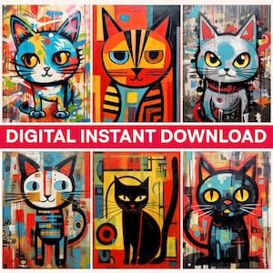 Könnte beinhalten: Sechs farbenfrohe Katzenkunstdrucke. Jede Katze hat ein einzigartiges Design mit kräftigen Farben und geometrischen Mustern. Der Text "DIGITAL INSTANT DOWNLOAD" wird in einem roten Banner angezeigt.