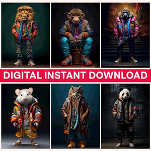 Könnte beinhalten: Eine digitale Sammlung von sechs anthropomorphen Tierfiguren in Streetwear, darunter ein Löwe, ein Affe, ein Gorilla, eine Maus, eine Eule und ein Panda. Jede Figur trägt bunte, gemusterte Jacken, Hoodies und Hosen. Der Text lautet DIGITAL INSTANT DOWNLOAD.