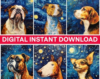 Dogs Starry Night Png, Dog Breeds Png, Dog Art, Digital Bundle Png, Dogs Clipart, Van Gogh Style, Instant Download