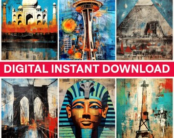 World Landmarks Png, Taj Mahal, Eiffel Tower, Pyramid, Space Needle, Tutankhamun, Digital Bundle Png, Instant Download