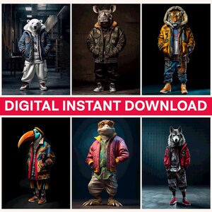 Könnte beinhalten: Eine digitale Sammlung von sechs anthropomorphen Tierfiguren in Streetwear, darunter ein Eisbär, Nashorn, Tiger, Tukan, Frosch und Wolf. Jede Figur trägt detaillierte Jacken, Hosen und Sneaker. Der Text lautet DIGITAL INSTANT DOWNLOAD.