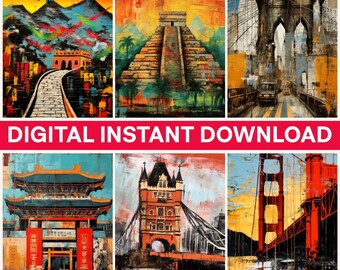 World Landmarks Png, Abstract Art, Travel Png, Digital Bundle Png, Great Wall, Brooklyn Bridge, Tower Bridge, Golden Gate Bridge