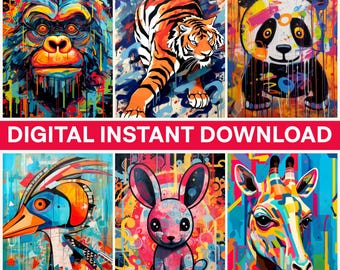 Colorful Animals Png, Digital Bundle Png, Gorilla, Tiger, Panda, Bird, Rabbit, Giraffe, Art Png, Instant Download
