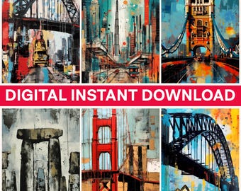 Cityscape Png Bundle, Bridge Png, Landmark Art, Travel Png, Abstract Art Png, Digital Download, City Prints