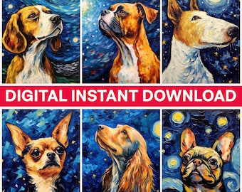 Dogs Starry Night Png, Dog Breeds Png, Van Gogh Style Dog Art, Beagle Png, Boxer Png, Chihuahua, Golden Retriever Digital Bundle Png