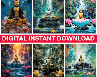 Buddha Digital Bundle Png, Buddha Png, Buddha Clip Art, Waterfall Art, Lotus Flower Png, Meditation Art, Instant Download
