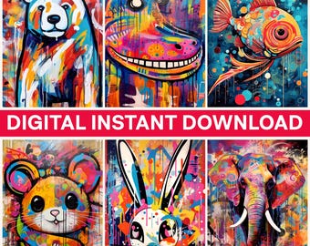 Colorful Animals Png, Animals Digital Bundle Png, Abstract Art Png, Bear Png, Fish Png, Mouse Png, Rabbit Png, Elephant Png