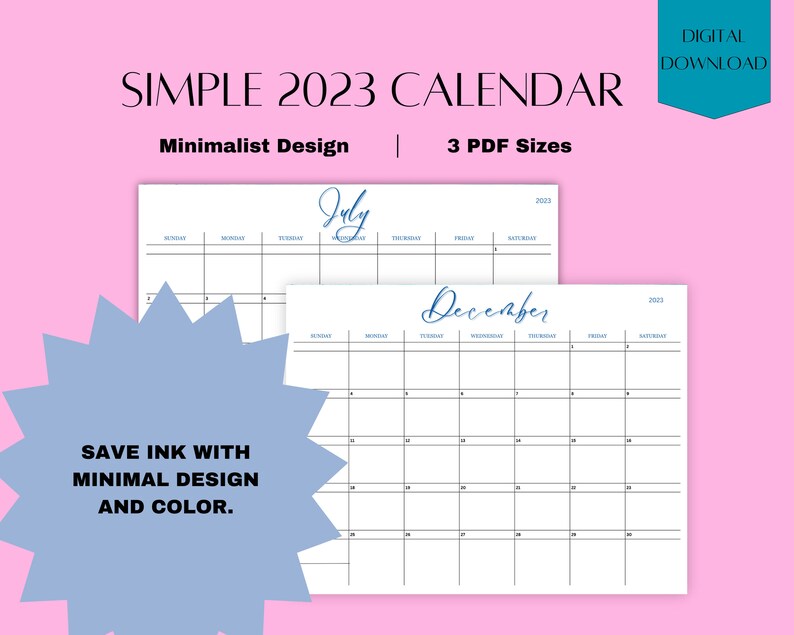 2023 Calendar, Printable, Minimalist Simple Calendar, 11x8.5 Inches ...
