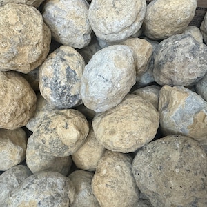 May include: A collection of beige and gray rocks with rough, textured surfaces. The rocks vary in size and shape, filling the frame. Some rocks have darker gray patches.