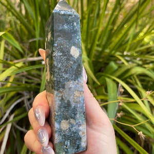 Beautiful 6.2” Moss Agate Tower 12.8oz