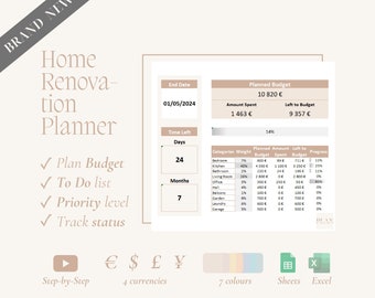 Pianificatore di ristrutturazione casa / Budget di ristrutturazione e monitoraggio del progetto (Excel e Fogli Google) / Pianificatore di rimodellamento / Lista di controllo per il miglioramento della casa