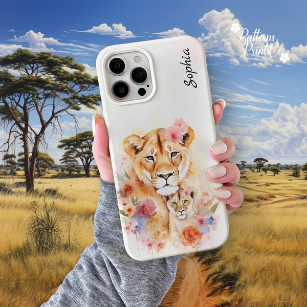 Personalized Name Lioness and Cub Phone Case Cute Savannah Art Cover for iPhone 14 13 12 11 Pro Max Mini Iphone 14 Plus Xs