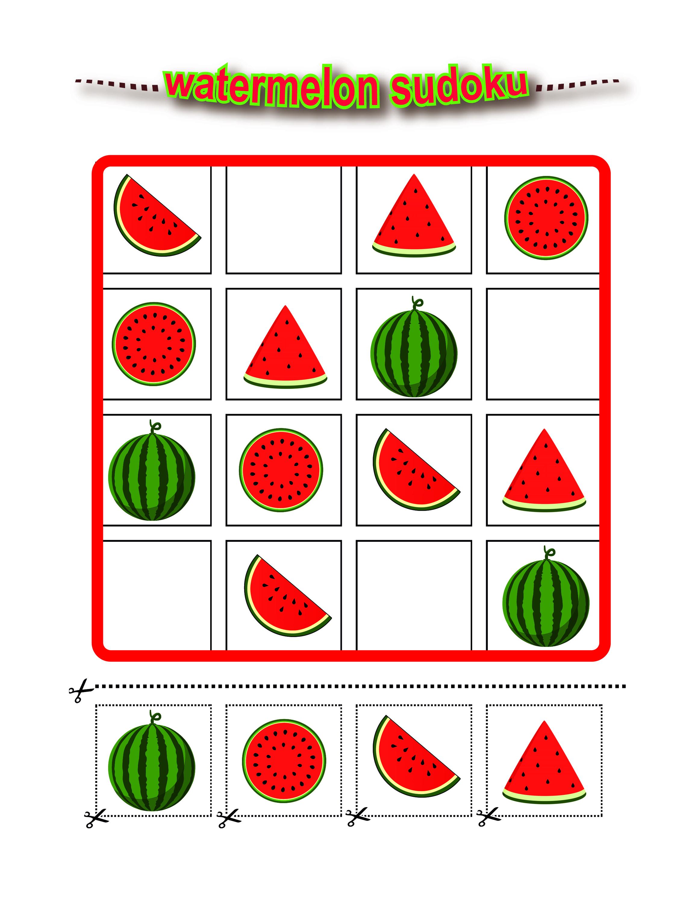 Watermelon Sudoku for Kids (4x4 Cut & Paste Activity Book) | Printable ...