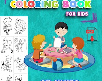 Può includere: Un libro da colorare per bambini con 67 unità. La copertina presenta un'illustrazione in bianco e nero di tre bambini seduti attorno a un tavolo con libri e una palla. Il testo "COLORING BOOK FOR KIDS" è in cima alla pagina. Il testo "67 UNITS" è in fondo alla pagina.
