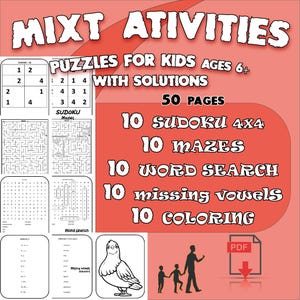 Mixt Puzzles. Activities for kids ages 6 plus. with solutions.