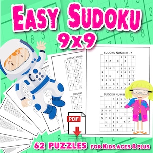 May include: A colorful illustration of an astronaut and a scientist holding a stack of printable Sudoku puzzles. The puzzles are labeled "Easy Sudoku 9x9" and "62 Puzzles for Kids Ages 8 Plus".