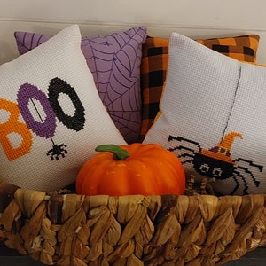 Halloween Mini Pillow Set/Finished Cross Stitched Pillows/Handmade Pillows/Handstitched Pillow/ Pillows for Tiered Tray/5x5 Pillow Set/Gift