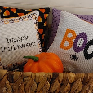 Happy Halloween Mini Pillow Set/Finished Cross Stitched Pillows/Handmade Pillows/Handstitched Pillow/ Pillows for Tiered Tray/5x5 Pillow Set
