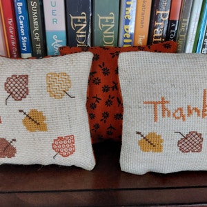 Autumn Fall Mini Pillow Set/Finished Cross Stitch Pillows/Handmade Pillows/Handstitched Pillows/ Pillows for Tiered Tray/4x4 Pillow Set/Gift