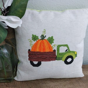 Finished Cross Stitched Pillow/ Fall Handstitched Pillow/ Autumn Truck Throw Pillow/ Handstitched Throw Pillow/ Hand Embroidered Pillow/Gift