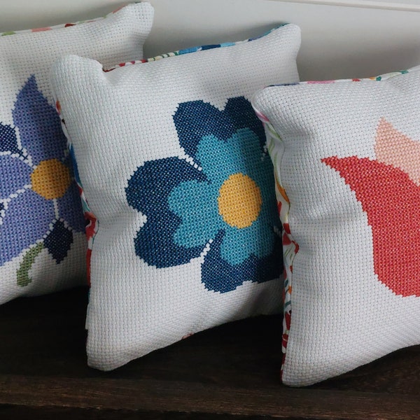 6x6 Finished Cross Stitched Mini Pillow/Mini Spring Pillow/Mini Floral Pillow/Handstitched Pillow for Tiered Tray/Hand Embroidered/Gift