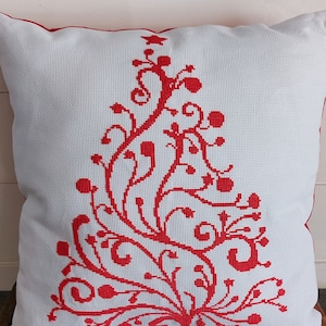 Almofada de decoração de árvore de Natal 16x16 com ponto cruz finalizado/almofada costurada à mão de Natal/decoração de casa costurada à mão/travesseira completa costurada em cruz