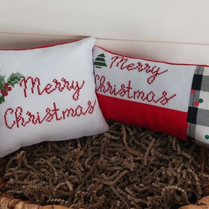 Merry Christmas Finished Cross Stitched Mini Pillow/Handstitched Pillow/Finished Cross Stitch/Tiered Tray Decor/Bowl Filler/Basket Tuck/Gift